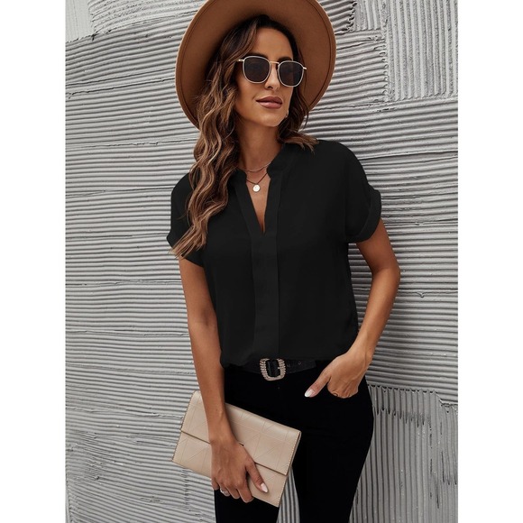 Notched V Neck Dolman Short Sleeve Minimalist Boho Blouse Black - Picture 3 of 4